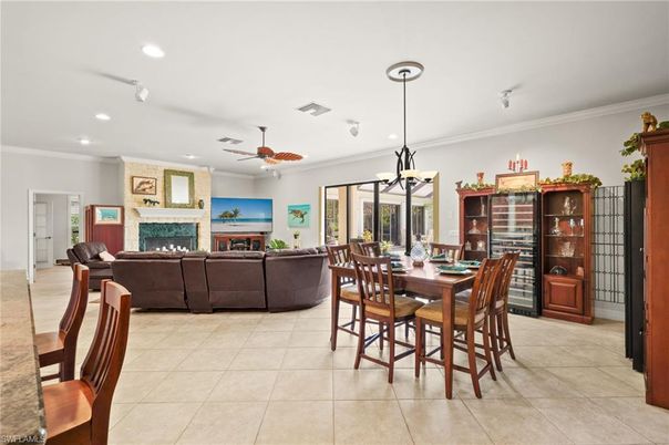 Chandelier, Dining room, Fireplace, Interior, Living room, Pendant Lights, Recessed Lighting