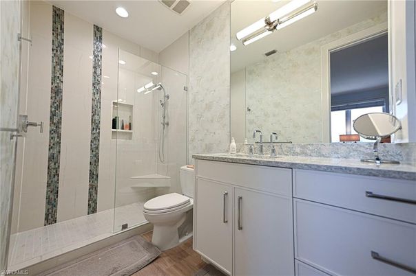 Bathroom, Glass Shower, Interior, Recessed Lighting, Wood Texture Flooring