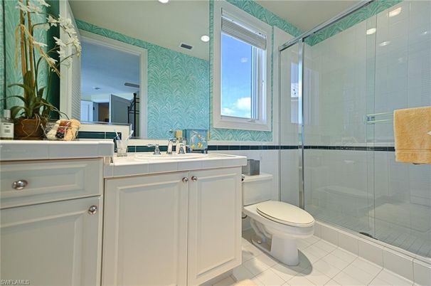 Bathroom, Glass Shower, Interior, Recessed Lighting, Tile Countertops