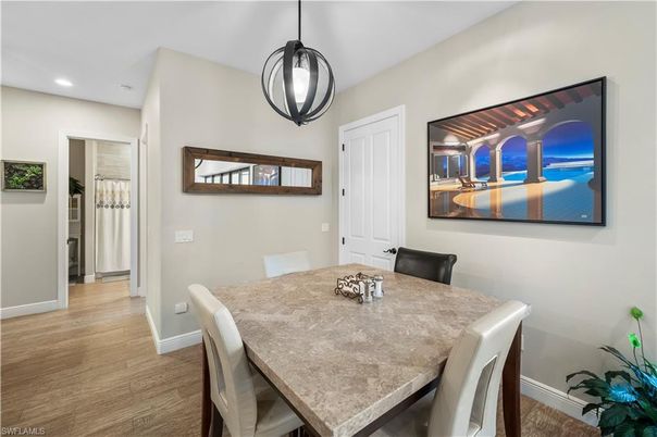 Dining room, Interior, Pendant Lights, Recessed Lighting, Wood Texture Flooring