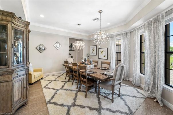 Chandelier, Dining room, Interior, Pendant Lights, Recessed Lighting, Wood Texture Flooring