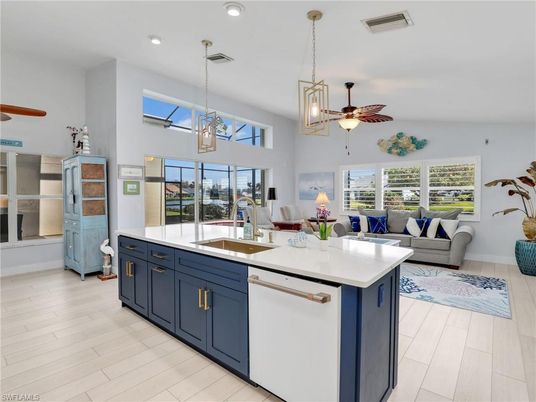 Interior, Kitchen, Living room, Pendant Lights, Recessed Lighting, Wood Texture Flooring