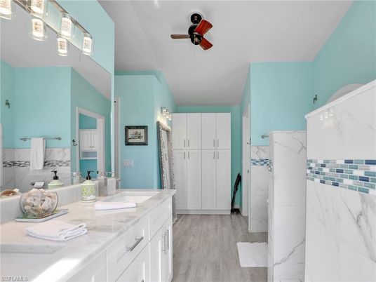 Bathroom, Interior, Marble Walls, Wood Texture Flooring