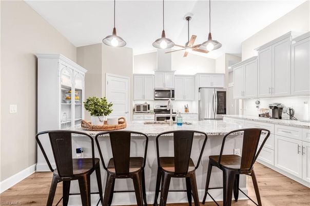 Interior, Kitchen, Pendant Lights, Stainless Steel Appliances, Wood Texture Flooring