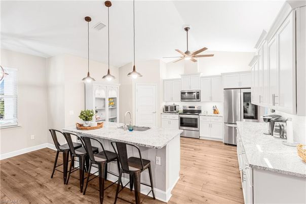 Interior, Kitchen, Pendant Lights, Stainless Steel Appliances, Wood Texture Flooring
