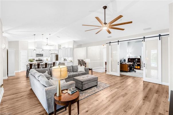 Dining room, Interior, Kitchen, Living room, Pendant Lights, Stainless Steel Appliances, Wood Texture Flooring