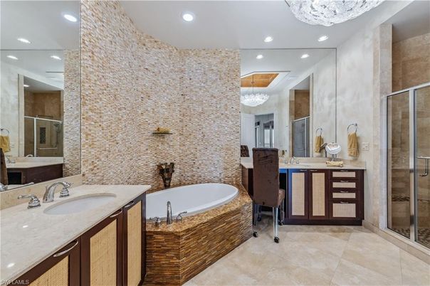 Bathroom, Chandelier, Dual Sink Vanities, Glass Shower, Interior, Recessed Lighting