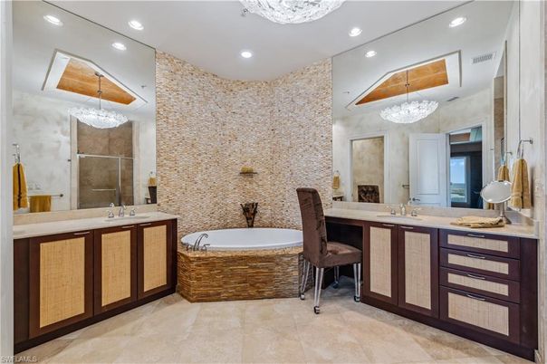 Bathroom, Chandelier, Dual Sink Vanities, Interior, Recessed Lighting