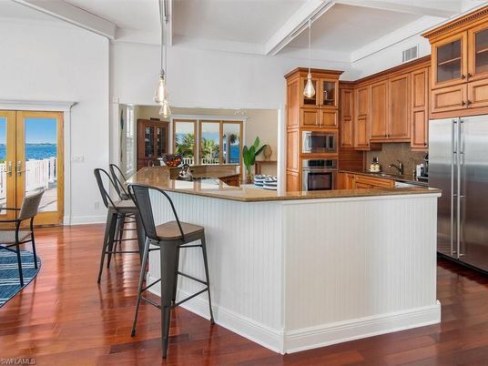 Dining room, Interior, Kitchen, Pendant Lights, Stainless Steel Appliances, Water, Wood Texture Flooring