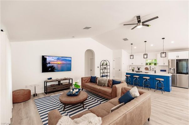 Interior, Kitchen, Living room, Pendant Lights, Recessed Lighting, Stainless Steel Appliances, Wood Texture Flooring