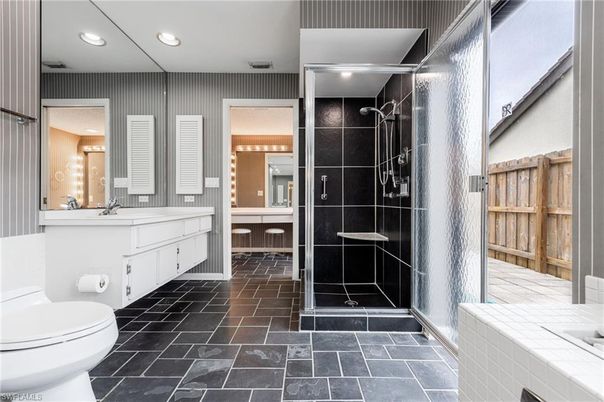 Bathroom, Glass Shower, Interior, Recessed Lighting, Tile Countertops