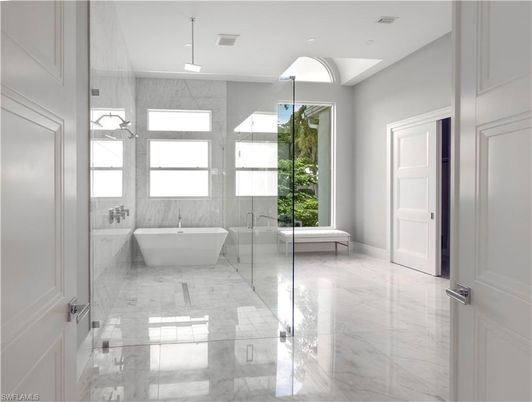 Bathroom, Free Standing Baths, Glass Shower, Interior, Marble, Marble Walls, Recessed Lighting