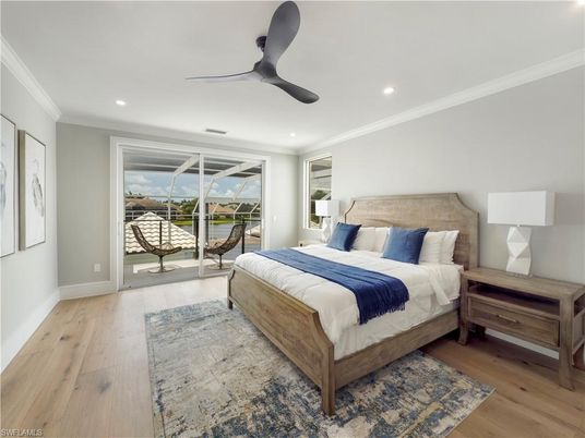 Bedroom, Interior, Recessed Lighting, Water, Wood Texture Flooring