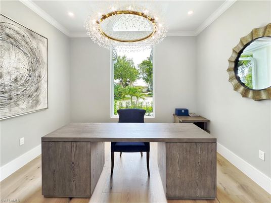 Chandelier, Home Office, Interior, Recessed Lighting, Wood Texture Flooring