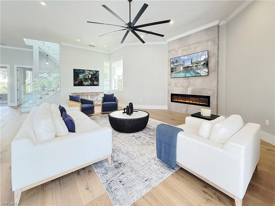 Fireplace, Interior, Living room, Recessed Lighting, Wood Texture Flooring