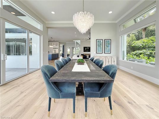 Chandelier, Dining room, Interior, Recessed Lighting, Wood Texture Flooring