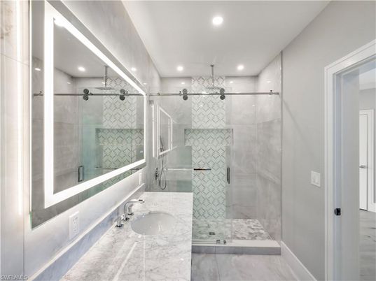 Bathroom, Glass Shower, Interior, Marble, Pendant Lights, Recessed Lighting