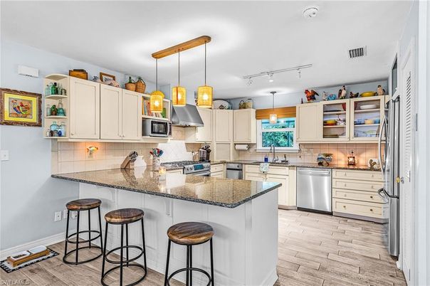 Interior, Kitchen, Pendant Lights, Stainless Steel Appliances, Wood Texture Flooring