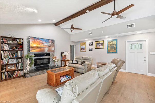 Fireplace, Interior, Living room, Recessed Lighting, Wooden Beams, Wood Texture Flooring
