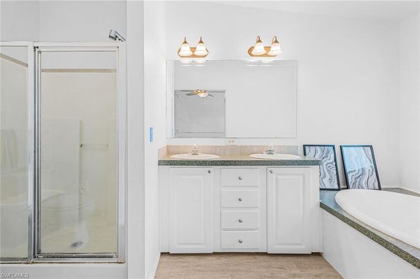 Bathroom, Dual Sink Vanities, Glass Shower, Interior, Wood Texture Flooring