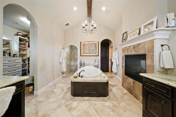 Bathroom, Chandelier, Fireplace, Interior, Recessed Lighting