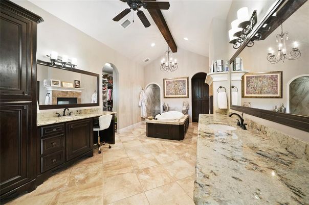 Bathroom, Chandelier, Dual Sink Vanities, Interior, Recessed Lighting, Wooden Beams