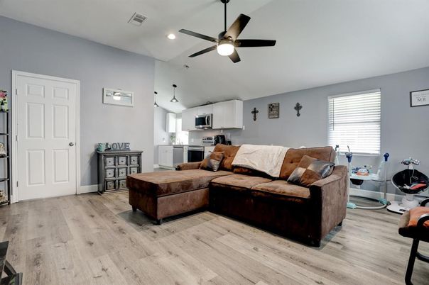 Interior, Kitchen, Living room, Recessed Lighting, Stainless Steel Appliances, Wood Texture Flooring