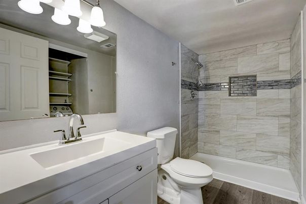 Bathroom, Interior, Marble Walls, Wood Texture Flooring