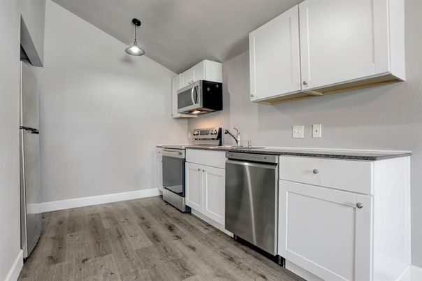 Interior, Kitchen, Pendant Lights, Stainless Steel Appliances, Wood Texture Flooring