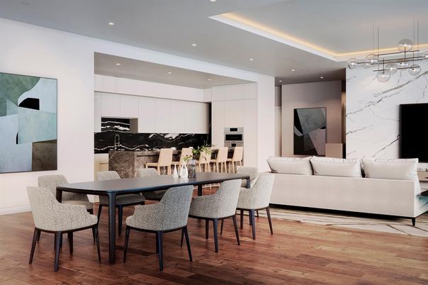 Dining room, Interior, Kitchen, Living room, Marble Walls, Pendant Lights, Recessed Lighting, Stainless Steel Appliances, Wood Texture Flooring