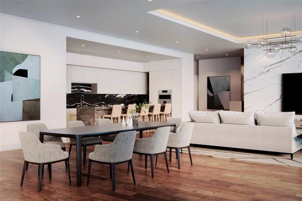 Dining room, Interior, Kitchen, Living room, Marble Walls, Pendant Lights, Recessed Lighting, Stainless Steel Appliances, Wood Texture Flooring