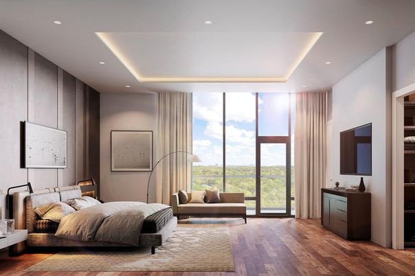 Bedroom, Interior, Recessed Lighting, Wood Texture Flooring