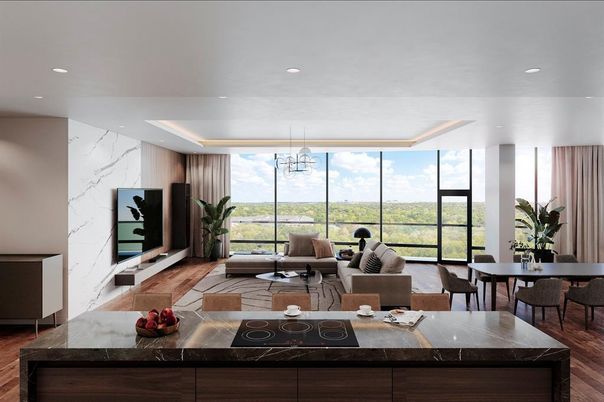 Dining room, Interior, Living room, Marble Walls, Pendant Lights, Recessed Lighting, Wood Texture Flooring