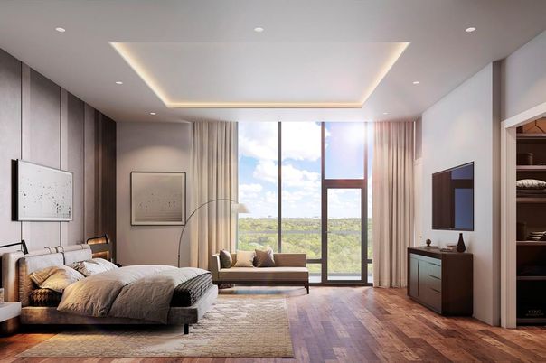 Bedroom, Interior, Recessed Lighting, Wood Texture Flooring