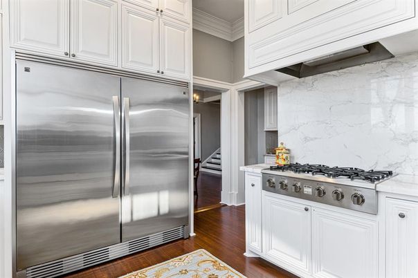 Interior, Kitchen, Marble Walls, Stainless Steel Appliances, Wood Texture Flooring