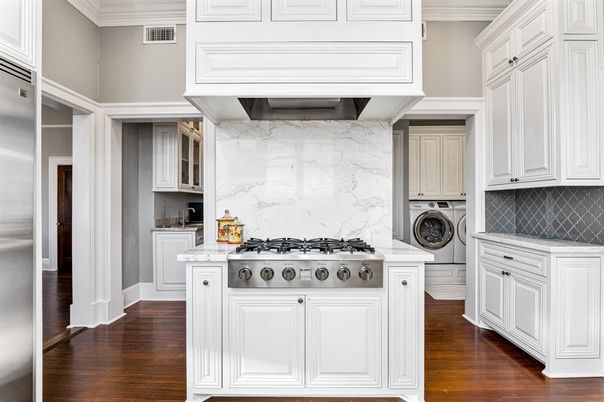 Interior, Kitchen, Marble Walls, Stainless Steel Appliances, Wood Texture Flooring