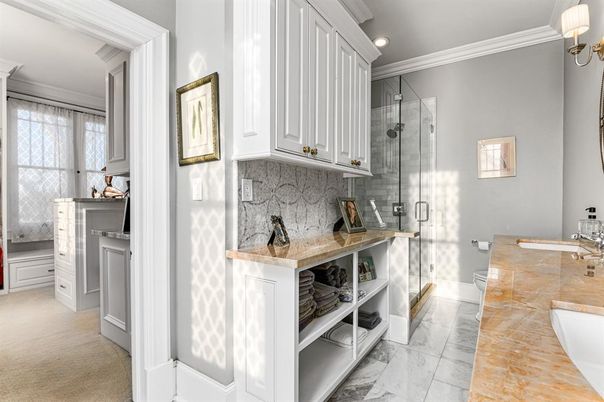 Bathroom, Dual Sink Vanities, Glass Shower, Interior, Marble, Recessed Lighting