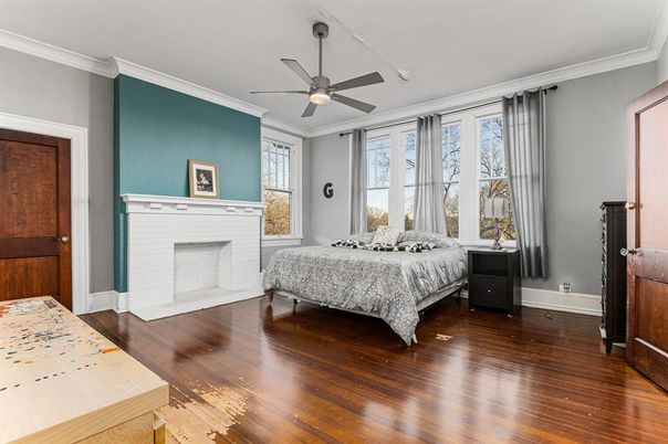 Bedroom, Fireplace, Interior, Wood Texture Flooring