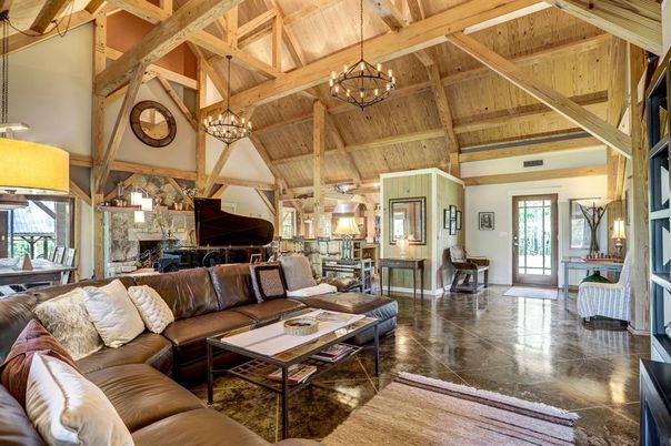 Chandelier, Fireplace, Interior, Living room, Pendant Lights, Piano, Wooden Beams, Wooden Ceilings