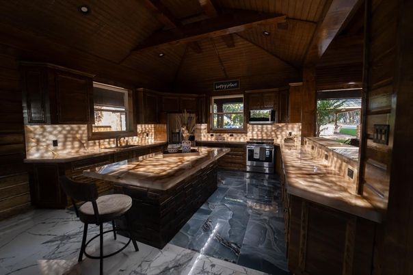 Interior, Kitchen, Marble, Recessed Lighting, Wooden Beams, Wooden Ceilings, Wooden Walls