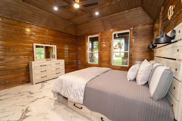 Bedroom, Interior, Marble, Recessed Lighting, Wooden Ceilings, Wooden Walls