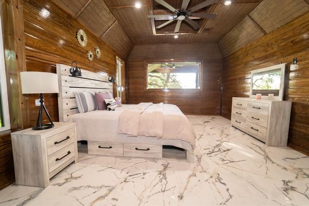 Bedroom, Interior, Marble, Recessed Lighting, Wooden Ceilings, Wooden Walls