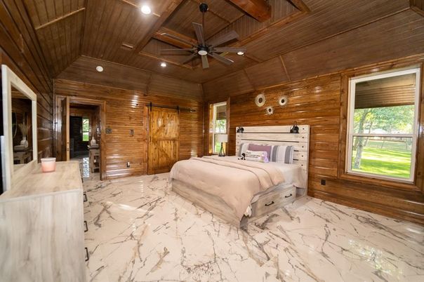 Bedroom, Interior, Marble, Recessed Lighting, Wooden Beams, Wooden Ceilings, Wooden Walls