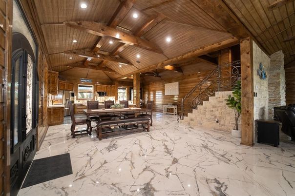 Dining room, Interior, Marble, Recessed Lighting, Stone Walls, Wooden Beams, Wooden Ceilings, Wooden Walls