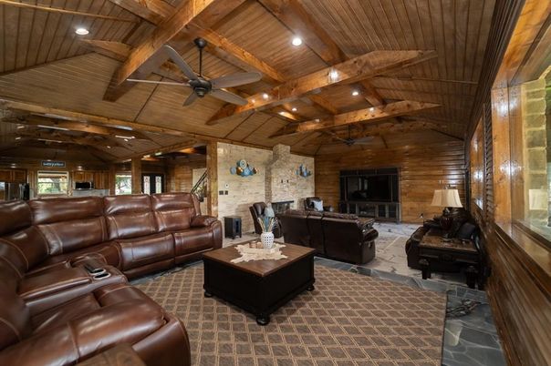 Home Theatre Room, Fireplace, Interior, Living room, Recessed Lighting, Stone Walls, Wooden Beams, Wooden Ceilings, Wooden Walls