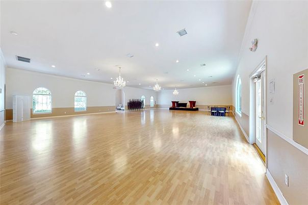 Chandelier, Empty room, Interior, Recessed Lighting, Wood Texture Flooring