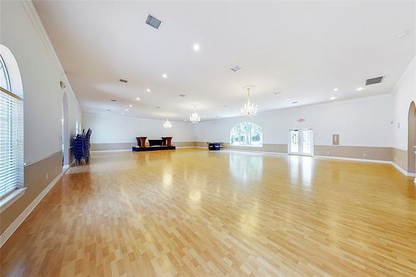 Chandelier, Empty room, Interior, Recessed Lighting, Wood Texture Flooring