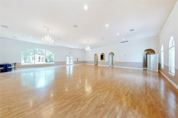 Chandelier, Empty room, Interior, Recessed Lighting, Wood Texture Flooring