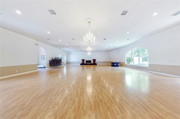 Chandelier, Empty room, Interior, Recessed Lighting, Wood Texture Flooring
