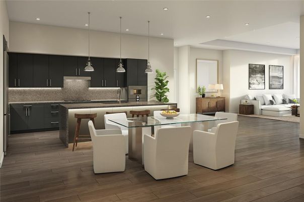 Dining room, Interior, Kitchen, Living room, Pendant Lights, Recessed Lighting, Stainless Steel Appliances, Wood Texture Flooring